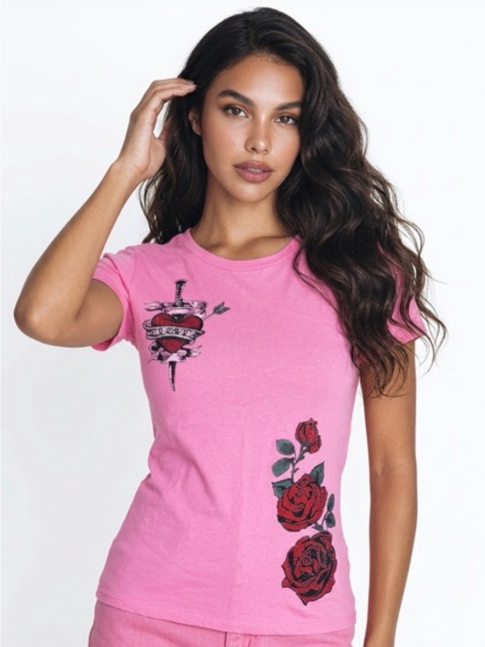 Women’s Pink Graphic Tee with rhinestones Rose & Heart Art